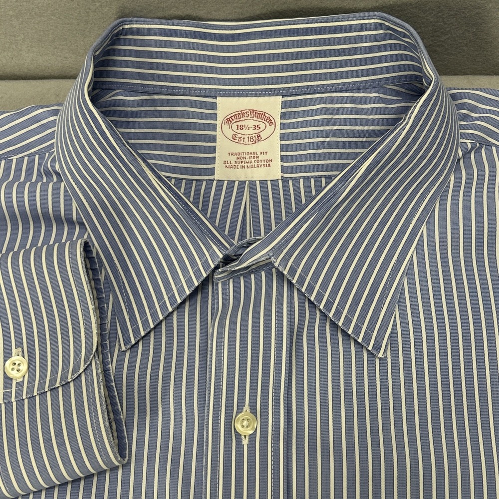 Brooks Brothers Traditional Fit Non-Iron Striped Dress Shirt 18.5-35 Blue White